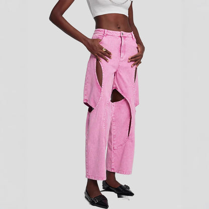 Women's American-style High Street Stitching Hole Worn Jeans