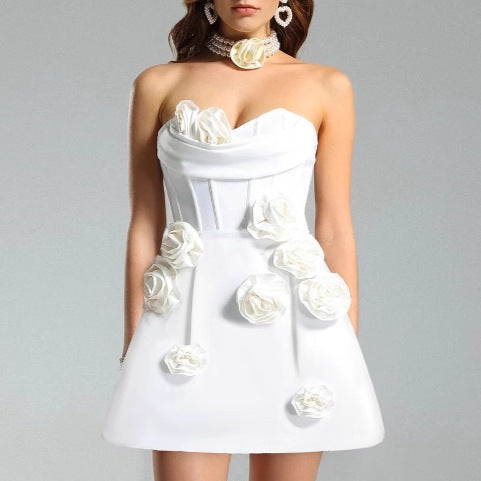 European And American Three-dimensional Flower Decoration Tight Strapless Bandage One-piece Dress