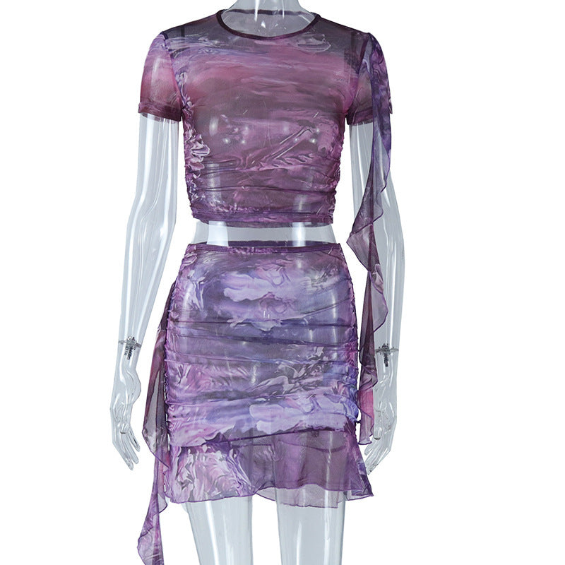 Mesh Floral Print Tight Skirt Ruffled Short Top Midi Skirt