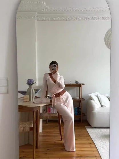 Casual Long-sleeved Knitted Solid Color Commute Trousers Suit