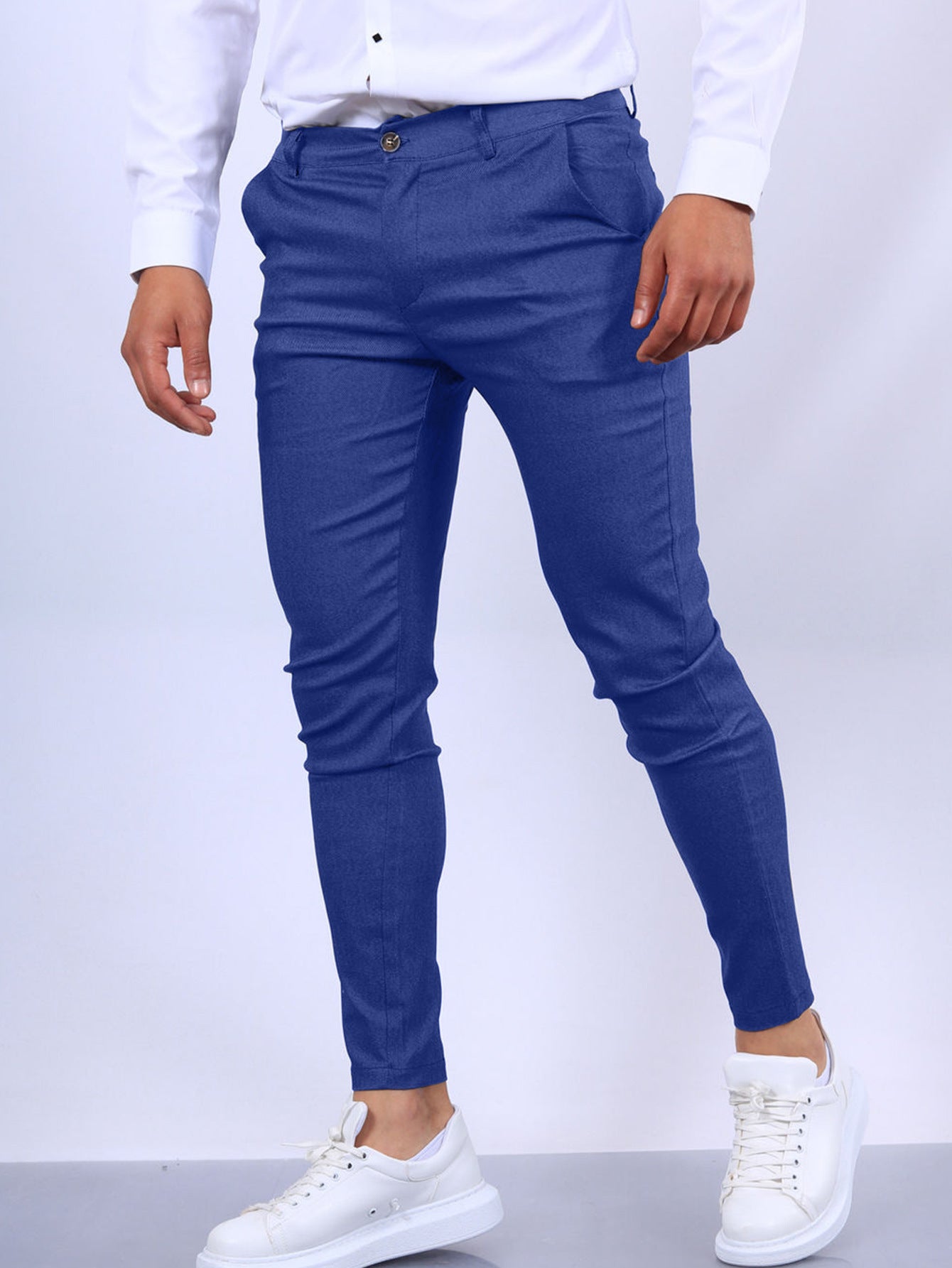 Men's Slim Button Trousers Fashion Solid Office Versatile Long Pencil Pants