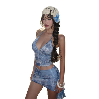 Seaside Vacation Style Printed Sequins Halterneck Vest Sheath Slim Fit Skirt Suit