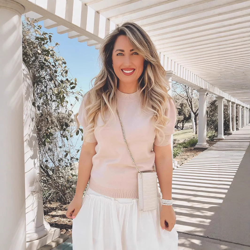 Half Turtleneck Lantern Sleeve Sweater Short Sleeve Pleated Sweater