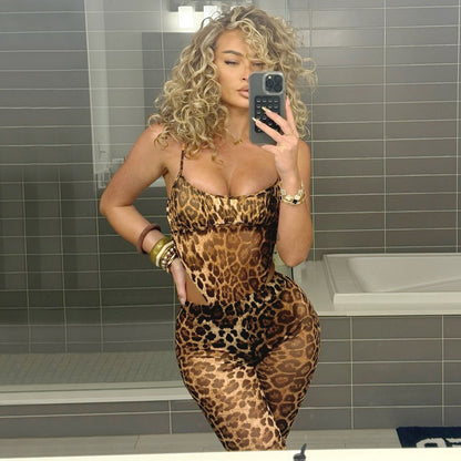 European And American Sexy Hot Girl Sleeveless Jumpsuit See-through Leopard Print Bell-bottom Pants Suit