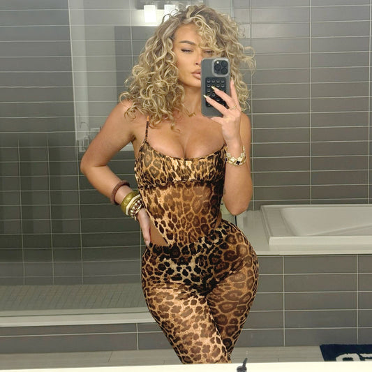 European And American Sexy Hot Girl Sleeveless Jumpsuit See-through Leopard Print Bell-bottom Pants Suit