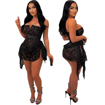 European And American Sexy V-neck Tube Top See-through Sequins Dress Women