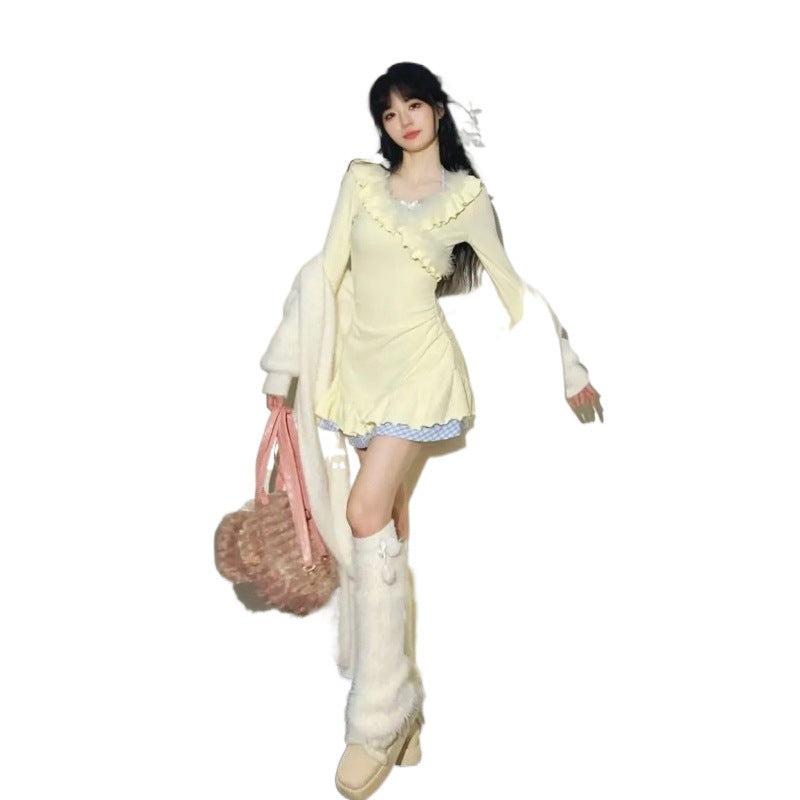 Pure Desire Style Sweet Dress Spring And Autumn Ruffled Waist-tight Slimming Sense Of Design V-neck Patchwork Fake Two Pieces