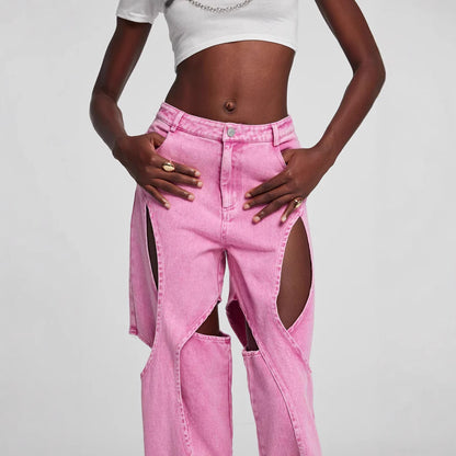 Women's American-style High Street Stitching Hole Worn Jeans