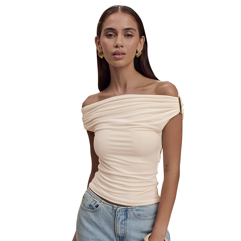 Women's Solid Color Pleated Off-shoulder Slim Off-shoulder Top