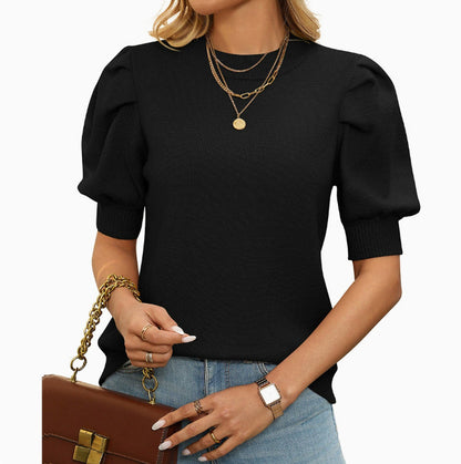 Half Turtleneck Lantern Sleeve Sweater Short Sleeve Pleated Sweater