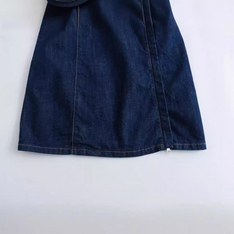 French Fashion Round Neck Slim Fit Denim Sleeveless Dress