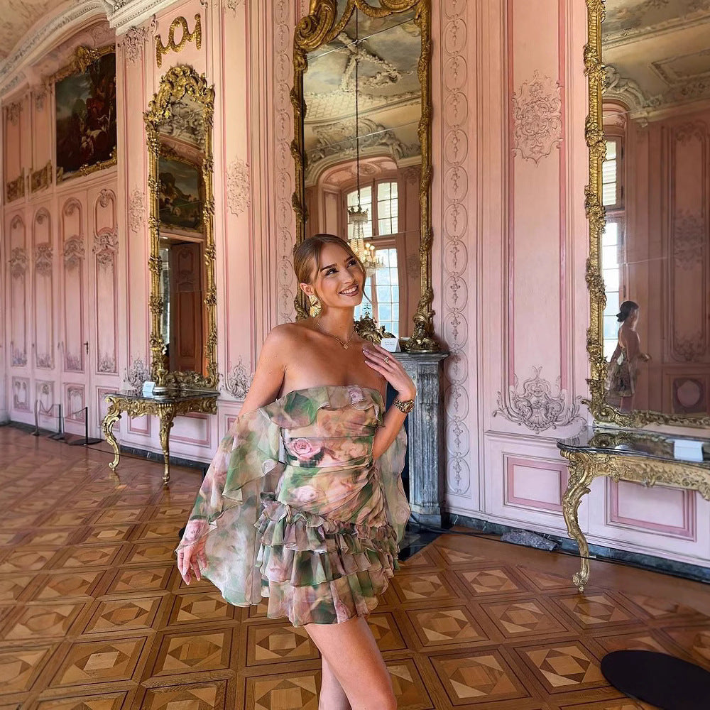 Chiffon Printed Ruffled Cloak Wrapped Chest A- Line Dress