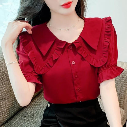 Double Doll Collar Short Sleeve Chiffon Shirt