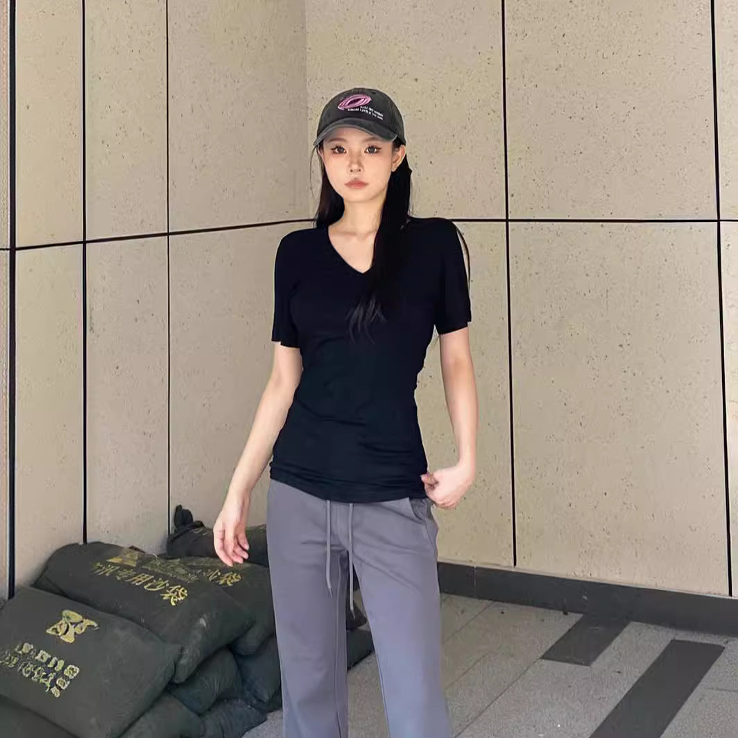 V-neck Shoulder Short Sleeve Waist-controlled Slimming Solid Color Top