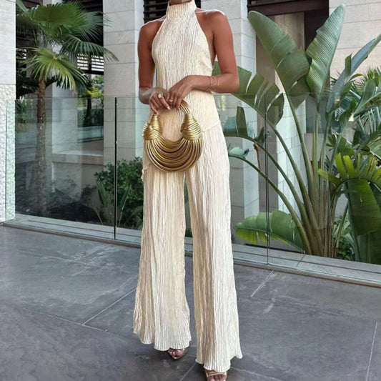 Women's Halter Elastic Waist Polyester Fiber Sleeveless Sports Suit