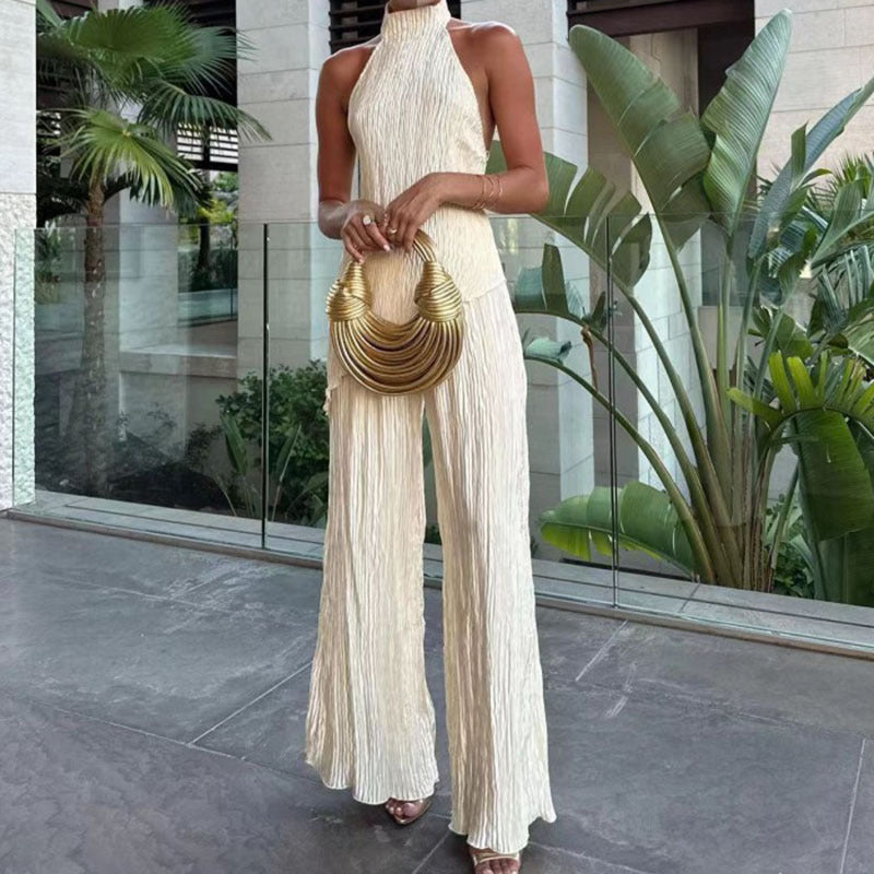 Women's Halter Elastic Waist Polyester Fiber Sleeveless Sports Suit