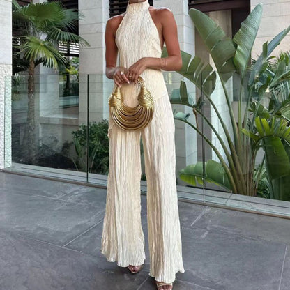 Women's Halter Elastic Waist Polyester Fiber Sleeveless Sports Suit