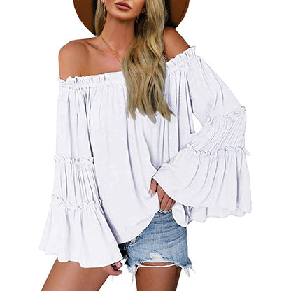 Women's Off Shoulder Blouse Long Flared Bell Sleeve Casual Loose Fit Top