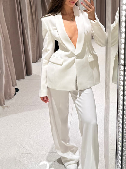 Solid Color Lapel Suit Jacket & High Waist Pants Set