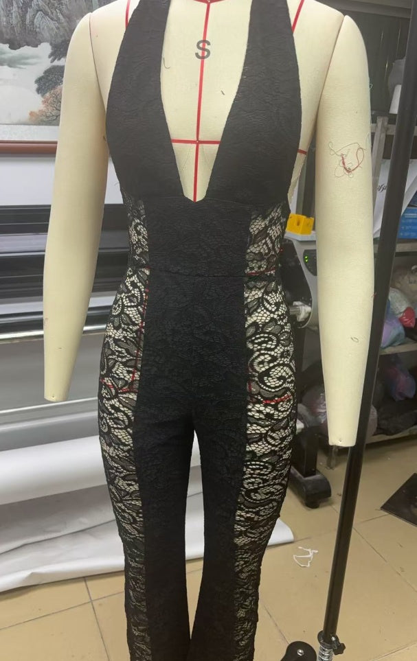 New Temperament Halter Black V-neck One-piece Trousers For Women