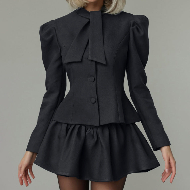 Bow Tie Long Sleeve Suit Top Skirt Two-piece Set