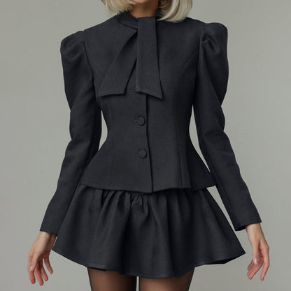 Bow Tie Long Sleeve Suit Top Skirt Two-piece Set