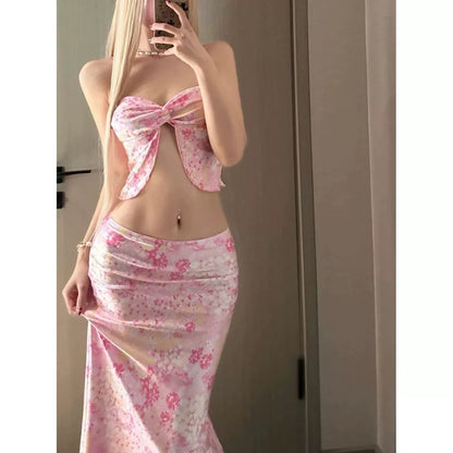 Thailand Vacation Printing Tube Top Dress Slimming Sexy With Breast Pad
