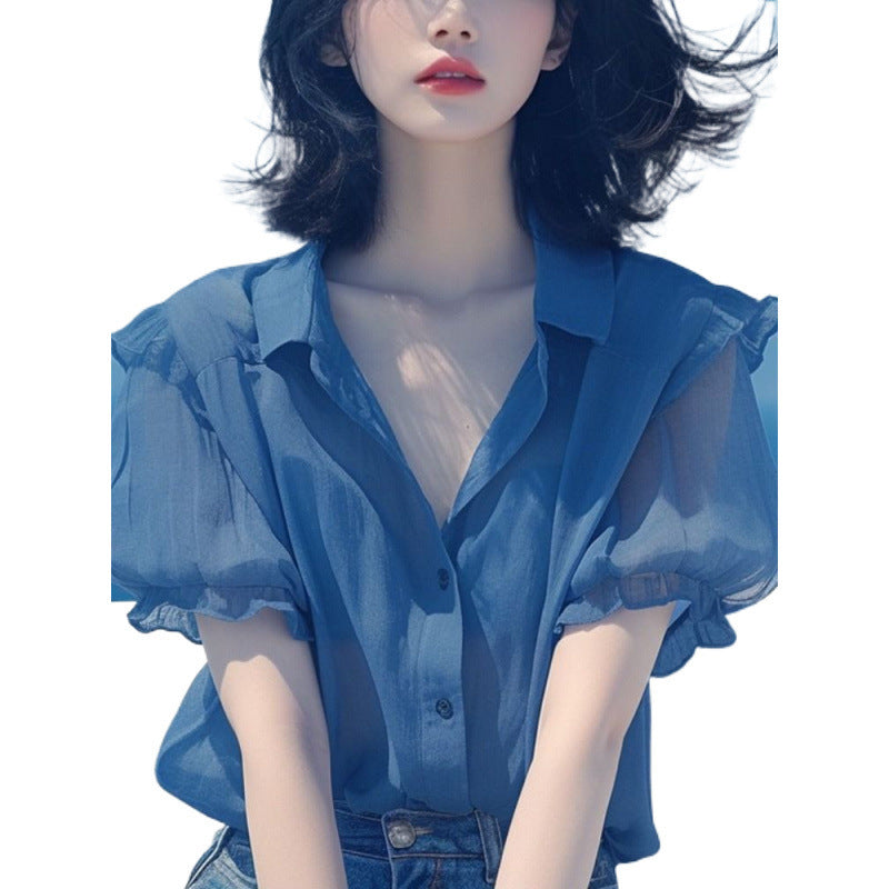French Style Temperament Blue Puff Sleeve Chiffon Small Shirt