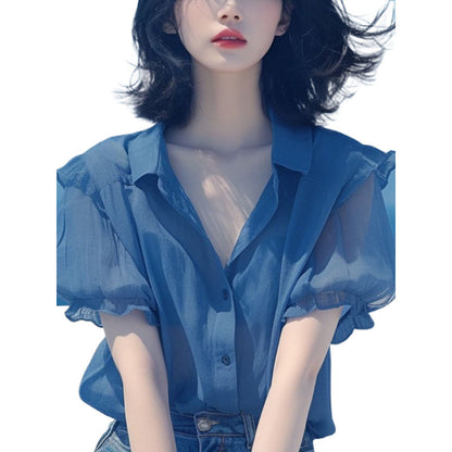 French Style Temperament Blue Puff Sleeve Chiffon Small Shirt