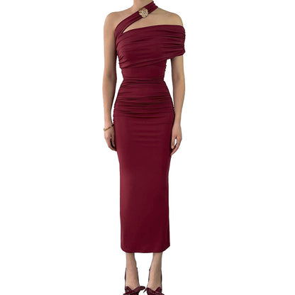 Slant Shoulder Waist Dress Women's Slim-fit Halter Women