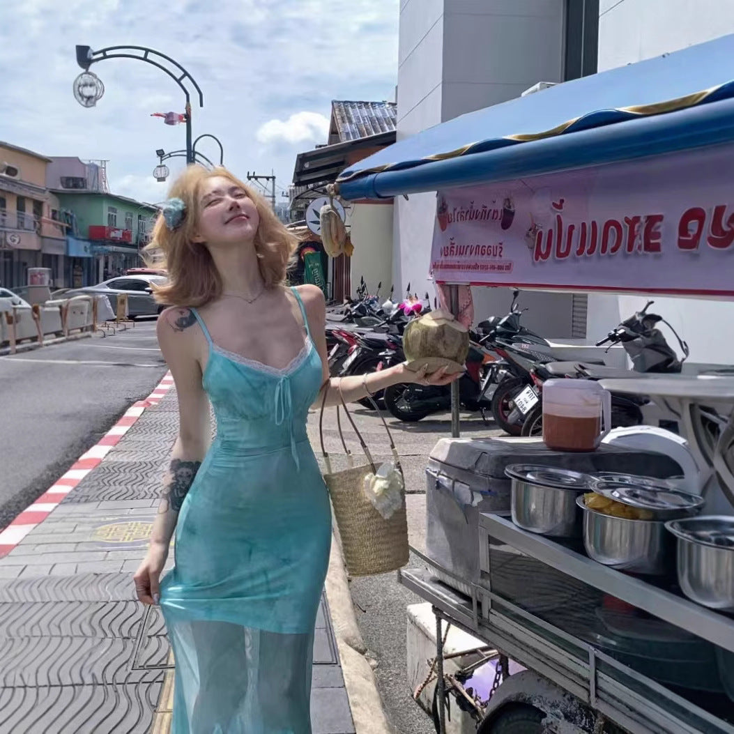 Lace Splicing Sling Vacation Style Slim-fit Fishtail Skirt Cinched Mesh