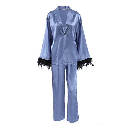 Satin Pajamas Long Sleeve Feather Cardigan Two-piece Set