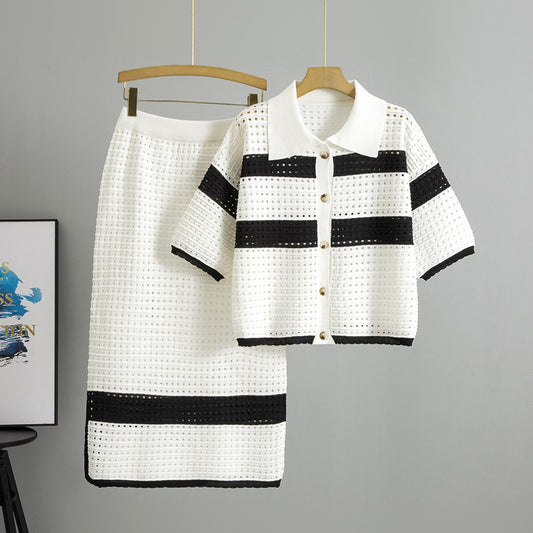 Knitted Short-sleeved Cardigan Midi Skirt Two-piece Set
