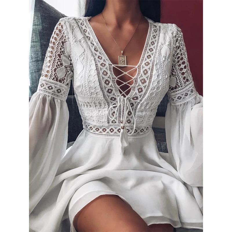 Long Sleeve V-neck Lace Up Hollow Dress Short