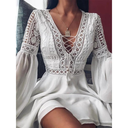 Long Sleeve V-neck Lace Up Hollow Dress Short