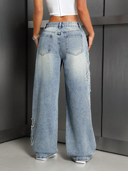 Bow Embroidery Washed Straight Leg Jeans