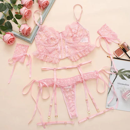 Embroidered Lace Underwear Backless Hollow-out Sexy 4 PCs Set