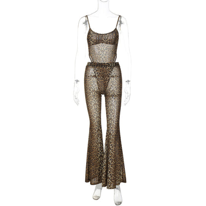 European And American Sexy Hot Girl Sleeveless Jumpsuit See-through Leopard Print Bell-bottom Pants Suit