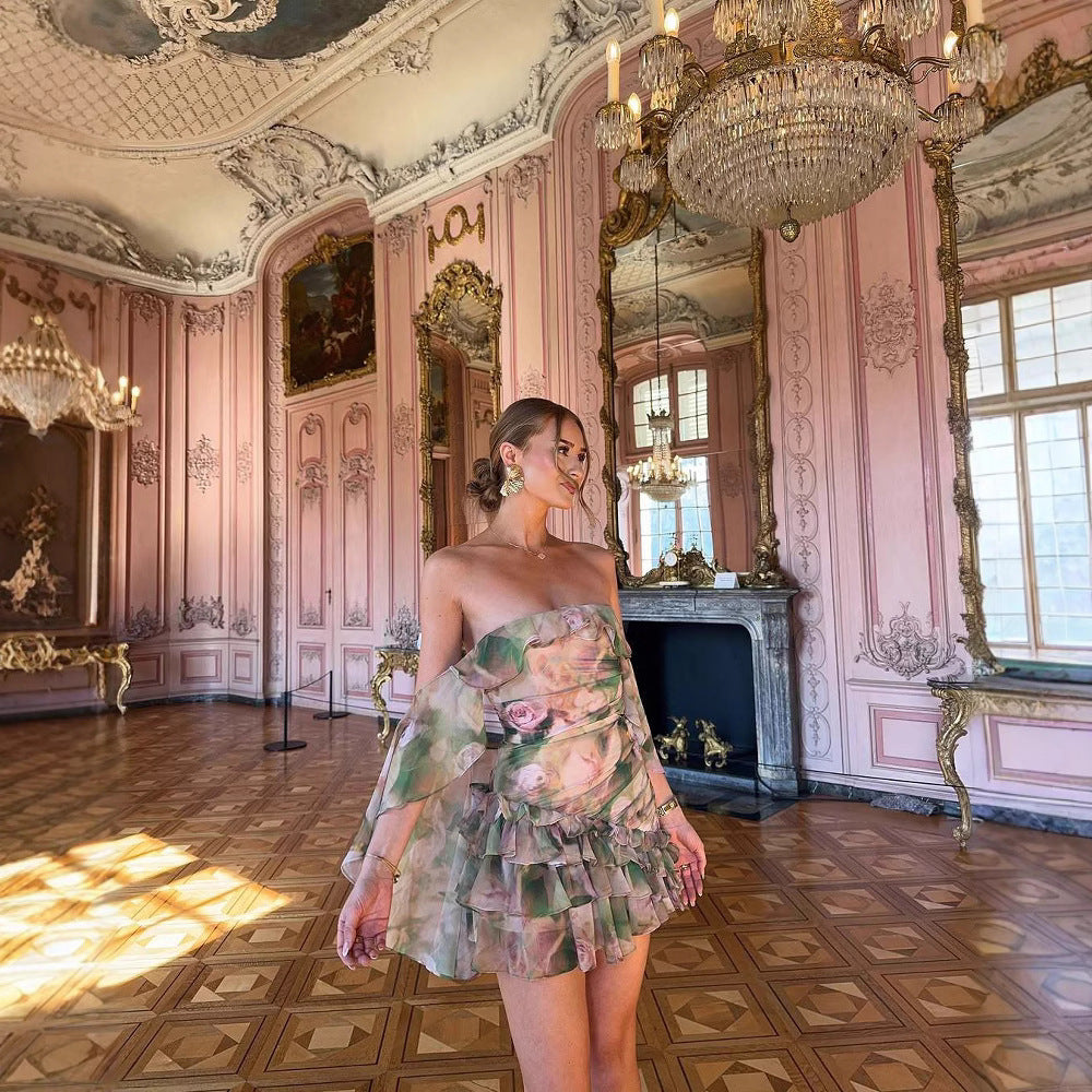 Chiffon Printed Ruffled Cloak Wrapped Chest A- Line Dress