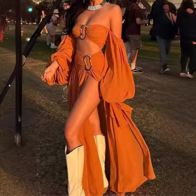 Women's Exotic Tube Top Long Sleeve Top Mid-length Dress Set