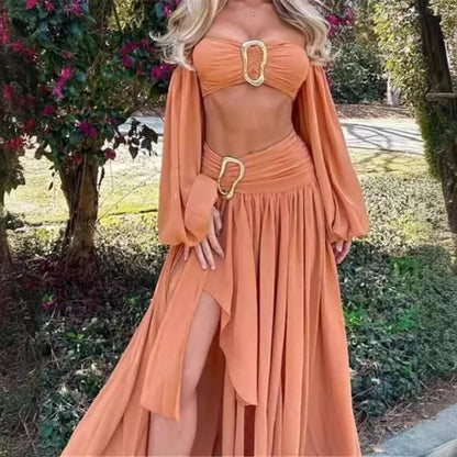 Women's Exotic Tube Top Long Sleeve Top Mid-length Dress Set