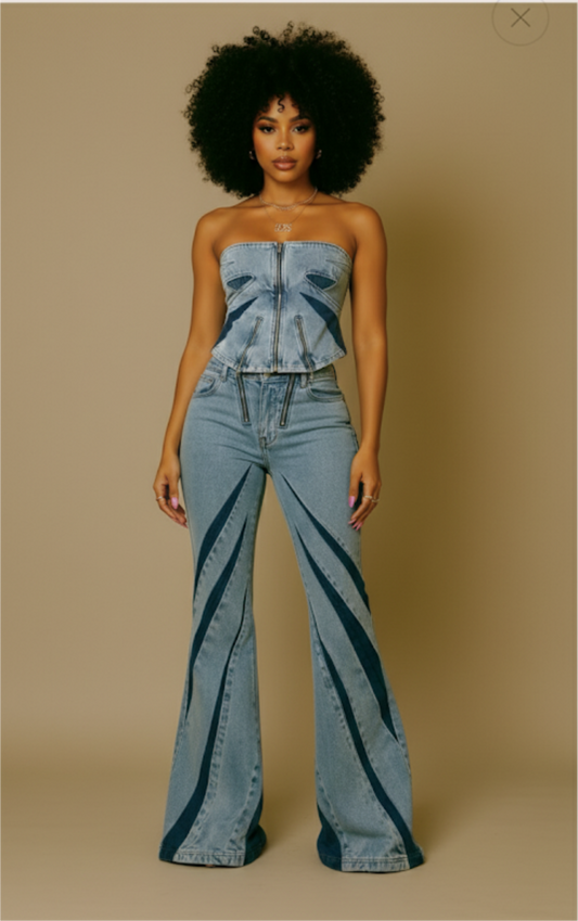 Color Contrast Patchwork Tube Top Three-dimensional Elastic Washed Jeans Two-piece Set