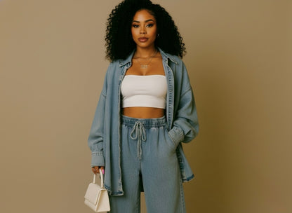 Women's Denim Long Sleeve Button Wide Leg Suit