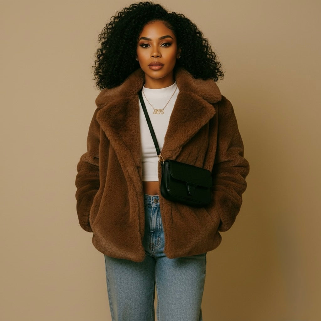 Warm Fashion Loose-fitting Long Sleeves Plush Brown Coat