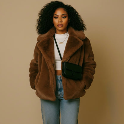 Warm Fashion Loose-fitting Long Sleeves Plush Brown Coat