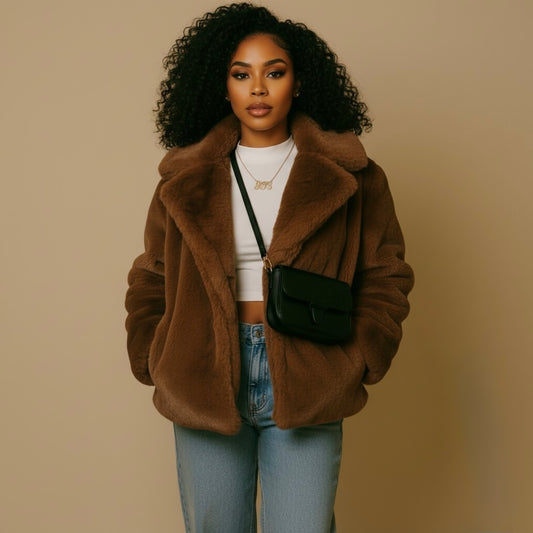 Warm Fashion Loose-fitting Long Sleeves Plush Brown Coat