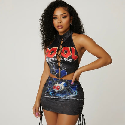 Women's Halter Strap Fashion Print Top Skirt Outfit