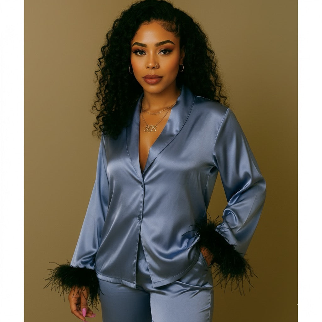 Satin Pajamas Long Sleeve Feather Cardigan Two-piece Set