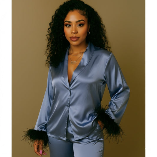 Satin Pajamas Long Sleeve Feather Cardigan Two-piece Set