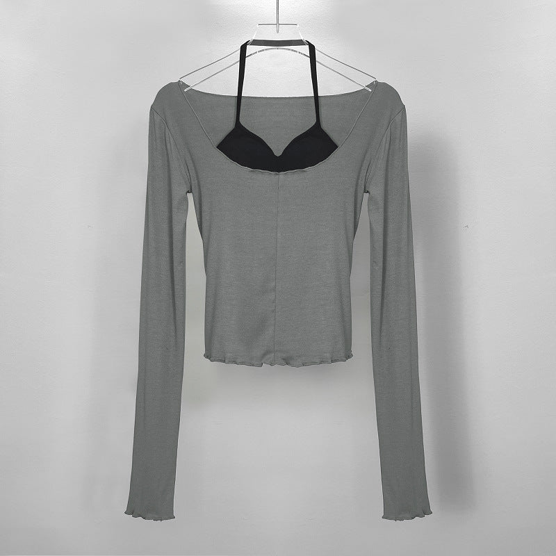 Dongdaemun Figure Halterneck Vest And Slightly Transparent Big Collar Long Sleeve T-shirt Two-piece Set